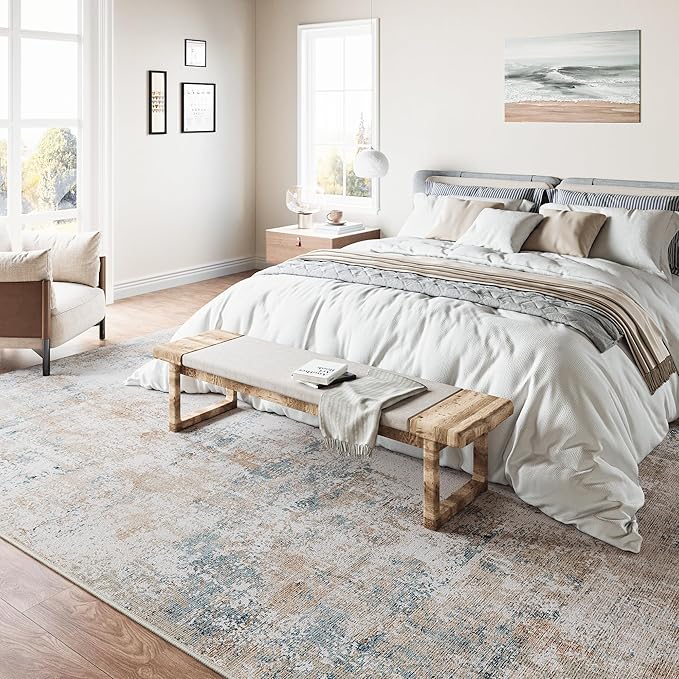 10x14 Area Rug Beige Blue Abstract Living Room Bedroom Washable Carpet Neutral Modern Non Slip Soft Low Pile Large Throw Rug for Dining Room Kitchen Office