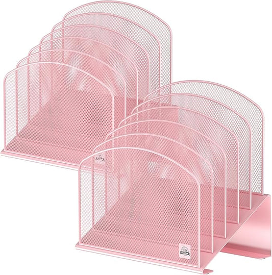 Inclined Desk File Organizer, 5-Section Vertical File Folder Holder Stand Metal Rack File Sorter for Office Classroom Desktop Organization (Pink, 2Pack)
