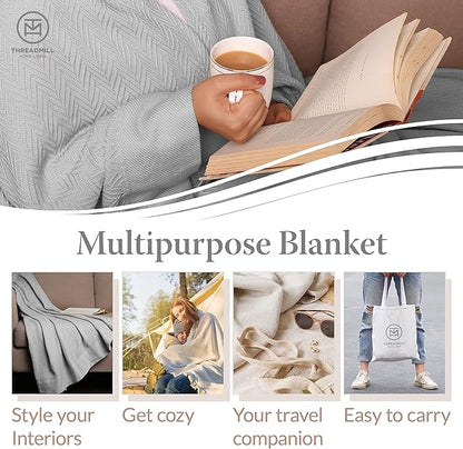 Threadmill Luxury Cotton Blankets for Queen Size Bed | All-Season 100% Cotton Queen Size Blanket | Herringbone Cozy, Soft Breathable Fall Thermal Blanket fits Full Size Bed | Light Grey