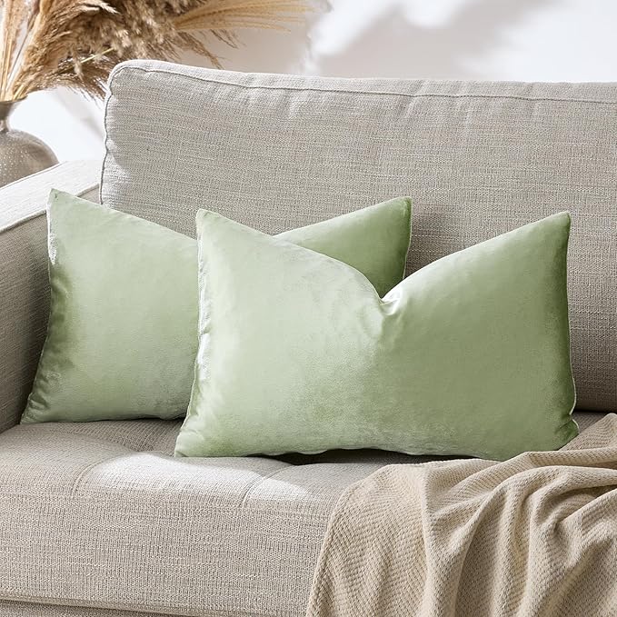 GIGIZAZA 12x20 Sage Green Pillow Covers Velvet Lumbar Pillow Decorative Throw Pillows Couch Sofa Covers Bedroom Set of 2