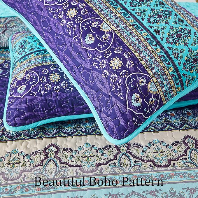 WONGS BEDDING Boho Quilt King Size, Blue Purple Bohemian King Quilt, Lightweight Microfiber Bed Decor Bedspread for All Season 103"x90"(3 Pieces)