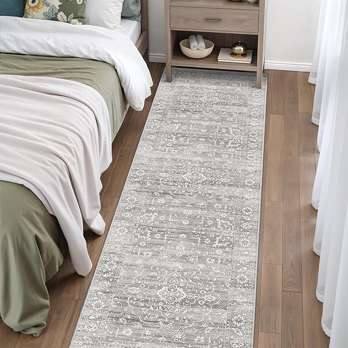 Washable Runner Rug, 2.5'x8' Vintage Kitchen Runners Non-Slip Foldable Hallway Runner Rug for Entryway, Laundry, Bedroom, Grey