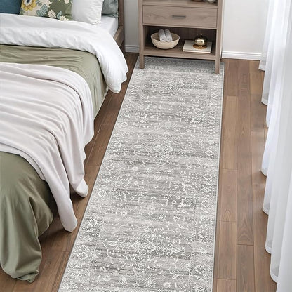 Washable Runner Rug, 2.5'x8' Vintage Kitchen Runners Non-Slip Foldable Hallway Runner Rug for Entryway, Laundry, Bedroom, Grey