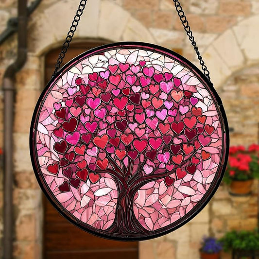 DASTOLL Stained Glass Window Hanging, Pink Love Tree of Life Sun Catchers Colorful Glass Panel Suncatcher Decor for Birthday for Women, Men, Wife, Lovers, and Mom 11.8x11.8 in
