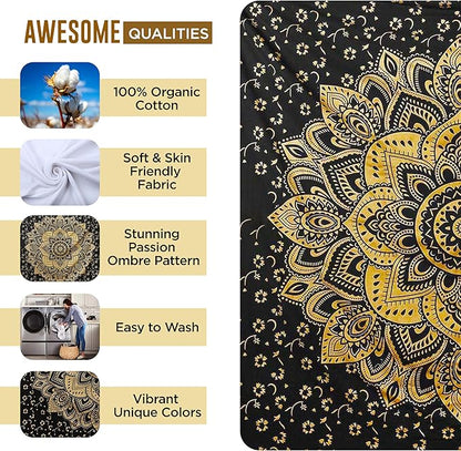 Rajsee Gold Mandala Tapestry - Boho Bedroom Aesthetic - Trippy Cute Wall Hanging - Black Gold Wall Art 52x82 Inches
