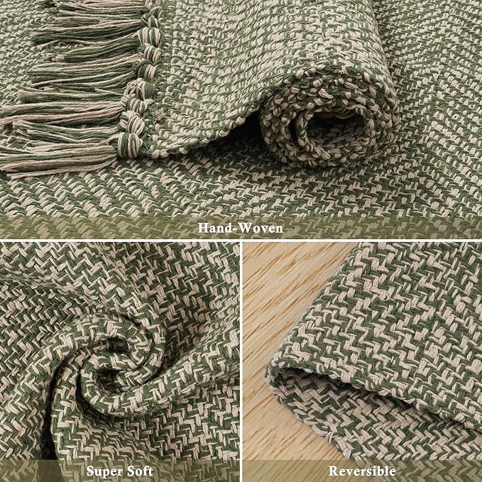 Collive Long Hallway Runner Rug 2.6' x 7', Washable Rugs Indoor Entryway Runner Rug, Modern Natural/Green Kitchen Runner Rugs Cotton Braided Low-Profile Bedroom Carpet for Laundry Room Bathroom