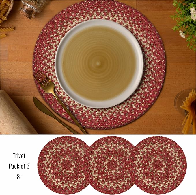 Homespice Apple Pie Jute Braided Trivets for Table, Warm Country Decor, Set of 3, Red 8" Round Heat Resistant Mats - Rich Colors, Easy to Clean, Durable and Protects Furniture