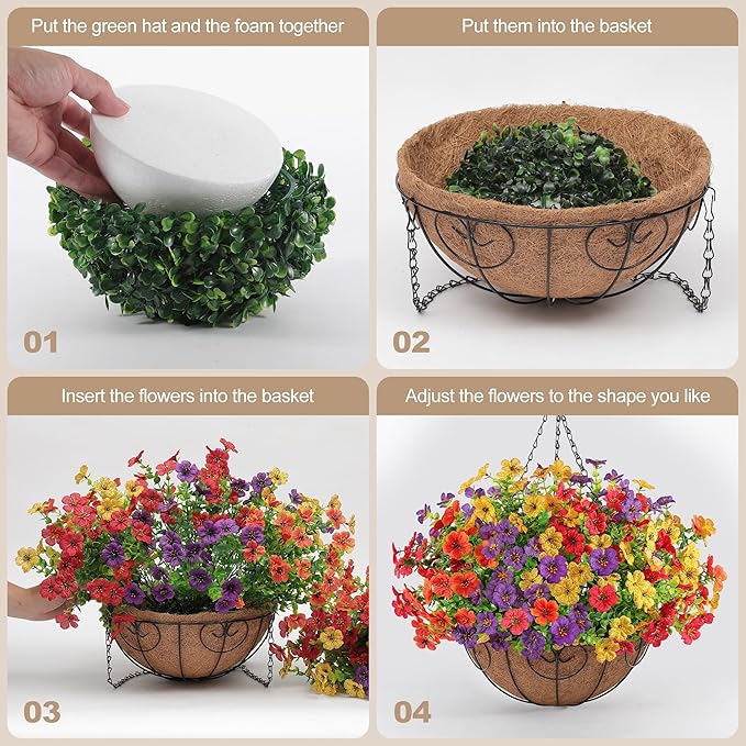 Artificial Faux Hanging Flowers Plants Basket for Outdoors Outside Spring Summer Decoration,Hanging Planters with Silk Fake Flowers Realistic UV Resistant Balcony Porch Garden Patio Home(4 Multicolor)
