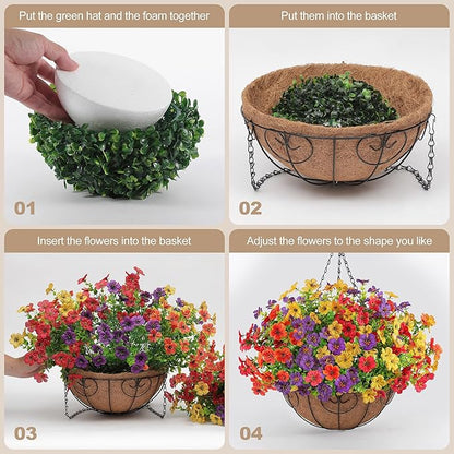 2 Set Artificial Faux Hanging Flowers Plants Basket for Outdoors Outside Spring Summer Decoration,2 Hanging Planters 24pcs Silk Fake Flowers UV Resistant Porch Patio Front Garden Home (4 Multicolor)