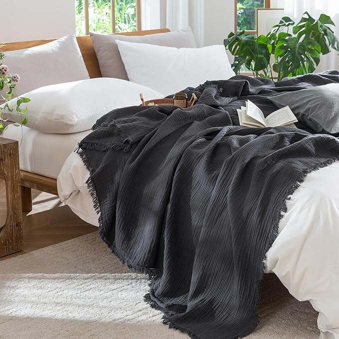 MooMee Muslin Blanket - 100% Cotton 4-Layer Gauze Throw Blanket with All-Around Fringe, Ultra-Soft Breathable Lightweight Cooling Decorative for Bed, Sofa & Couch (Dark Grey,Throw XL 50" x 70")