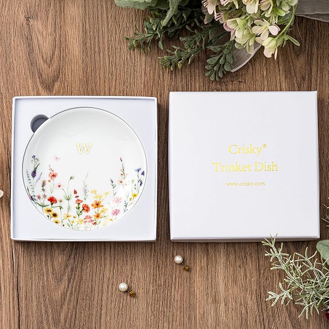 Crisky Initial Jewelry Tray Ring Dish & Gift Box, Ceramic Flower Trinket Dish for Rings Earrings Necklaces Keys, Bridal Shower Engagement Birthday Gift for Women, Friends 4.57" (Gold Foil W