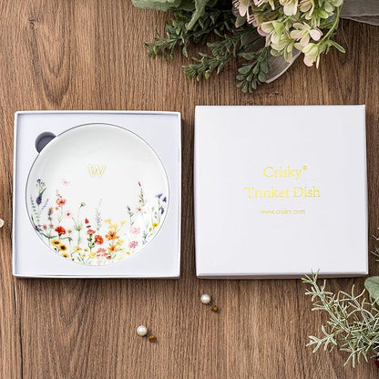 Crisky Initial Jewelry Tray Ring Dish & Gift Box, Ceramic Flower Trinket Dish for Rings Earrings Necklaces Keys, Bridal Shower Engagement Birthday Gift for Women, Friends 4.57" (Gold Foil W