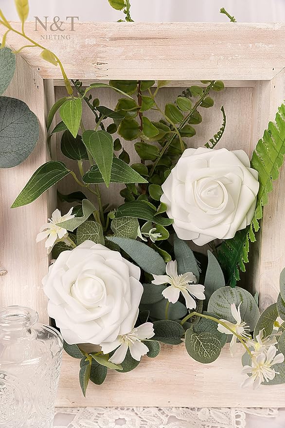 N&T NIETING Artificial Flowers 50pcs Real Touch White Flowers Artificial Roses for Decoration for DIY Wedding Bouquets Bridal Centerpieces Floral Shower Party Tables Home Arrangement