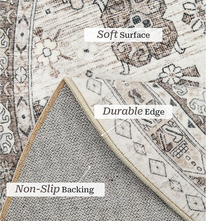 zesthome 8ft Round Rugs for Living Room, Non-Slip Washable Round Area Rugs, Ultra-Thin Large Circle Rugs, Soft Low Pile Rug for Bedroom, Kitchen - Vintage Stain Resistant Round Rug (Brown/Beige,8'x8')