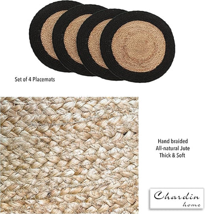 Chardin home Round Verona Woven Jute & Cotton Braided PLACEMAT (Set of 4), Size -15” Round, Color - Natural Jute with Black Border.