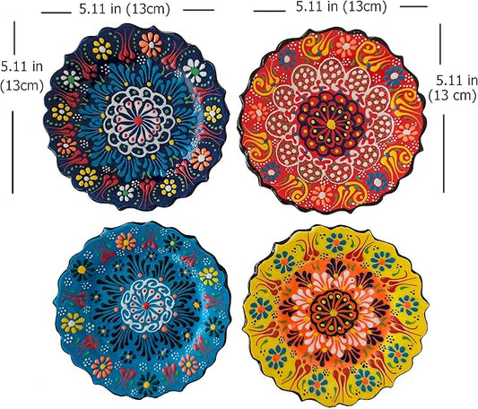 4-Piece 5-Inch Handmade Turkish Ceramic Plate Set – Wall & Table Decor & Jewelry/Ring Dish – Decorative Rings & Jewelry Tray Set