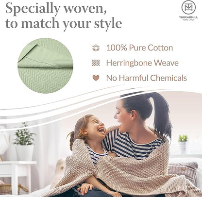 Threadmill Luxury Cotton King Size Blanket | All-Season Cozy Cotton Blankets for King Size Bed | Herringbone Soft Fall Thermal Blanket fits California King Size Bed 106 x 92 | Sage Green