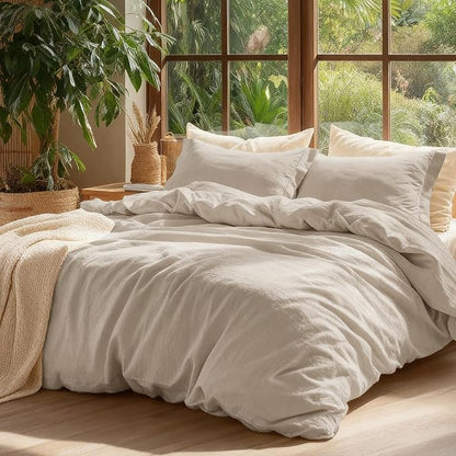Bedsure 100% Washed Cotton Duvet Cover Cal King - Oatmeal Minimalist Cotton Duvet Cover Linen Like for All Seasons - GentleSoft™ Plain Simple Bedding (Oatmeal, California King, 104"x98")