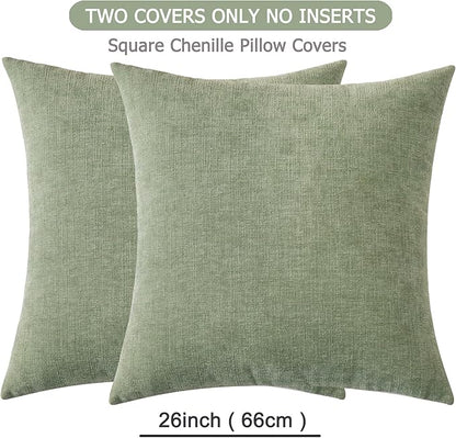 GAWAMAY Decorative Chenille Throw Pillow Covers 26x26 Inch Pack of 2, Soft Square Couch Pillow Cover for Sofa Cushion Living Room Bedroom Oversized Pillowcases Sage Green 66x66cm (ONLY Covers)