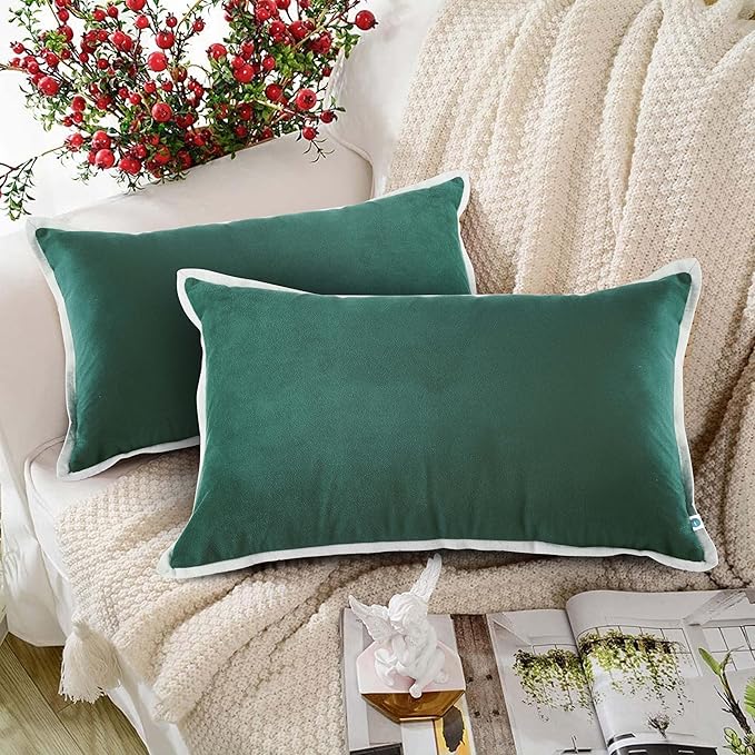 FINGERCRAFT Decorative Throw Pillow Cover Pack of 2 Soft Velvet Cushion Cover, Sofa and Bedroom Pillow Case 12" x 20" Hunter Green