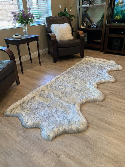 LAMBZY Faux Sheepskin Super Soft Hypoallergenic Silky Shag Rug for Living Room, Kids Room, Sofa (Quarto 4 Pelts Side by Side 3'x8', White/Black Tips)