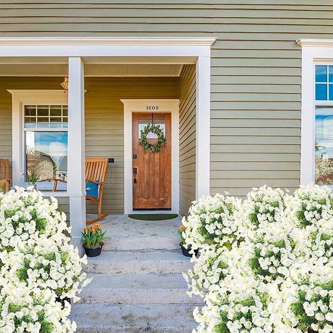 Artificial Flowers for Outdoors 12 Bundles Realistic Faux Plants UV Resistant Fake Silk Morning Glory with Eucalyptus for Front Door Planter Patio Porch Outside Spring Summer Decoration (White)