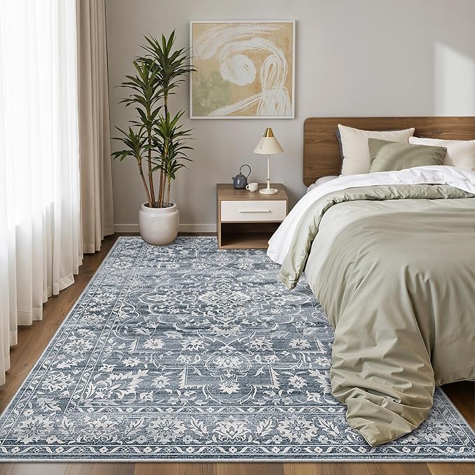 6x9 Area Rugs for Living Room, Stain Resistant Washable Rugs for Dining Room, Floral Vintage Non-Slip Thin Area Rug(Blue, 6'x9')