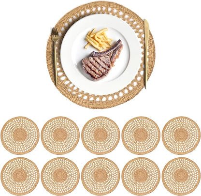 15" Round Seagrass Placemats – Set of 10 | Boho Rattan Woven Table Mats, Farmhouse Plate Chargers for Spring, Weddings, Parties & Christmas Décor | Natural Water Hyacinth & Corn Husk Style