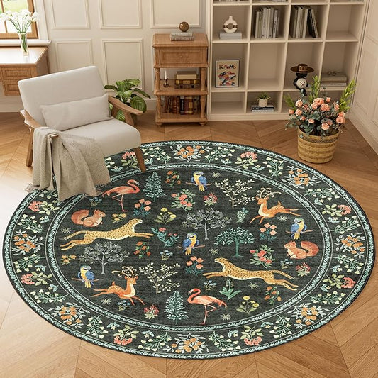 DUKINO 6ft Round Rug for Bedroom, Animal Print Washable Circle Rug with Low Pile Design, Soft Indoor Floor Non Slip Carpet for Entryway, Living Room, Office, Dining Room, Black