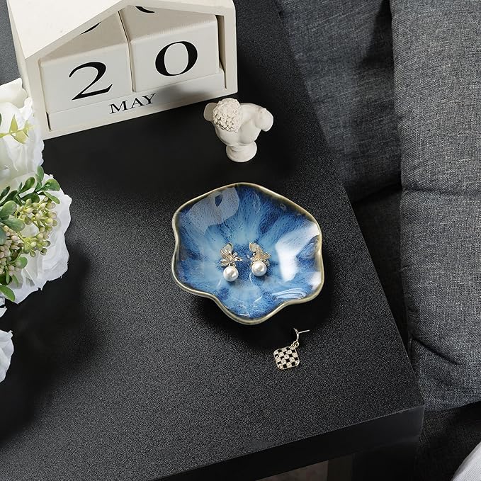 Ceramic Ring Dish, Jewelry Dish Holder, Small Trinket Tray Plate for Earrings Rings Necklaces Keys, for Mom Friend Sister, Dark Blue