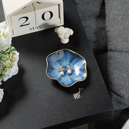 Ceramic Ring Dish, Jewelry Dish Holder, Small Trinket Tray Plate for Earrings Rings Necklaces Keys, for Mom Friend Sister, Dark Blue