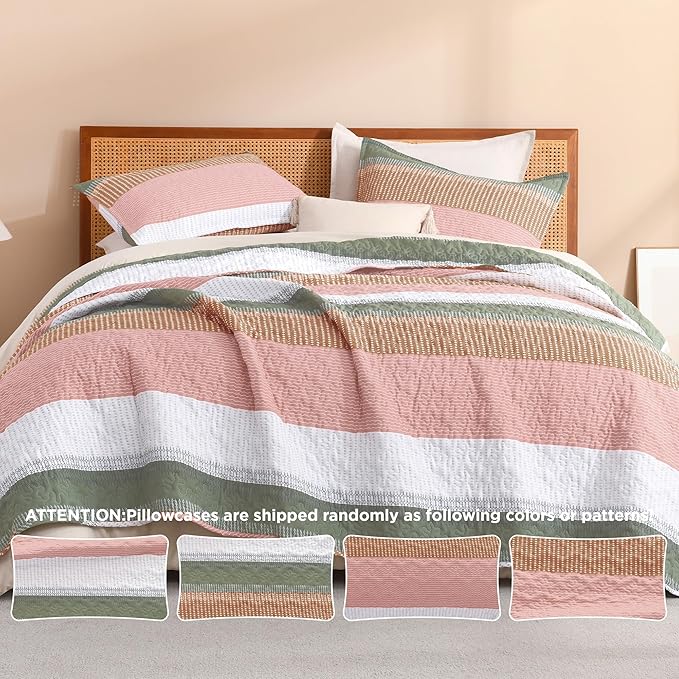 Litanika Quilt Queen Size Pink, Green and White, Orange Stripe Patchwork Summer Bedspread Coverlet 3 Pieces, Soft Lightweight Microfiber Comforter Bedding Set for All Season(1 Quilt, 2 Pillowcases)