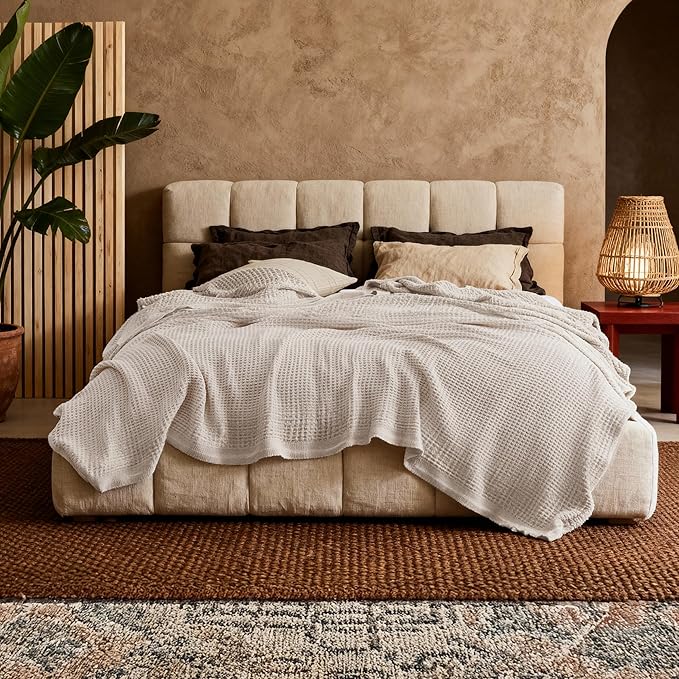 Bedsure Gentlesoft 100% Cotton Blanket Queen Size for Bed - Breathable and Soft, Thick Cozy Waffle Weave Christmas Blanket Gift for Women, Begie, 90x90 Inches