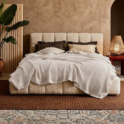 Bedsure Gentlesoft 100% Cotton Blanket Queen Size for Bed - Breathable and Soft, Thick Cozy Waffle Weave Christmas Blanket Gift for Women, Begie, 90x90 Inches