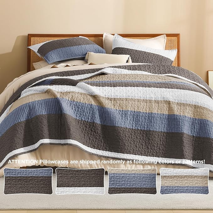 Litanika Quilt Queen Size BluC, Stripe Patchwork Summer Bedspread Coverlet 3 Pieces, Soft Lightweight Microfiber Quilted Bedding Set for All Season(1 Quilt, 2 Pillowcases)