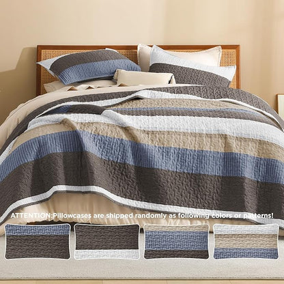 Litanika Quilt Queen Size BluC, Stripe Patchwork Summer Bedspread Coverlet 3 Pieces, Soft Lightweight Microfiber Quilted Bedding Set for All Season(1 Quilt, 2 Pillowcases)