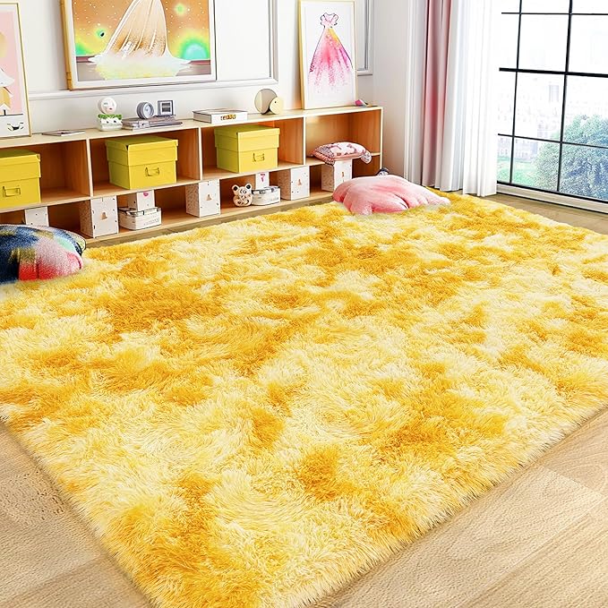 8x10 Large Area Rugs for Living Room, Ultra Fluffy Shag Rug for Bedroom, Modern Plush Soft Carpet for Girls Boys Kids Room Dorm Fuzzy Non Slip Rug for Home Decor Aesthetic, Tie-Dyed Yellow