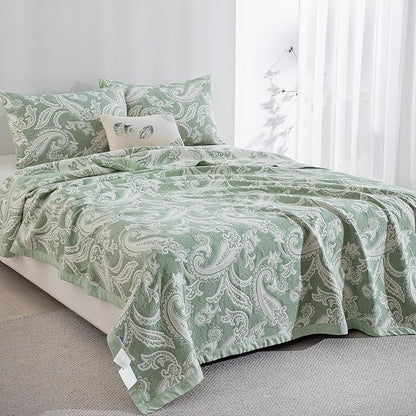 100% Cotton Muslin Jacquard 3 Piece Quilt Set Paisley Print, Soft 3 Layers Gauze Bed Cover Reversible Bedspread Coverlet Breathable Lightweight Bedding Set, Queen