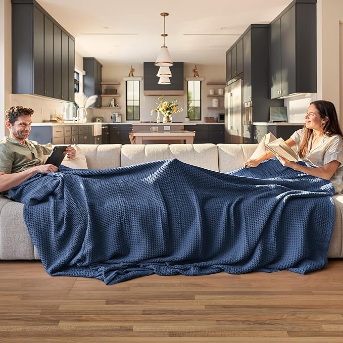 Bedsure Gentlesoft 100% Cotton Large Throw Blanket for Couch 50x70 inches - Breathable and Soft, Waffle Weave Throw Blanket for Office, Navy