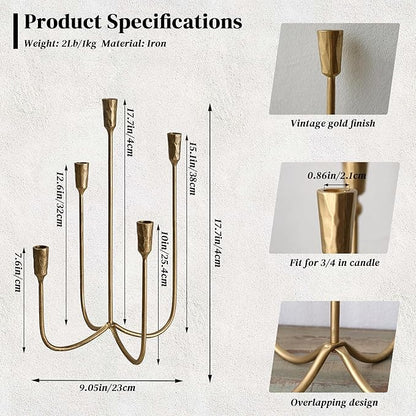 Iron Tabletop Candelabra, Hand-Forged 5-Candle Cast Iron Candle Holder with Elegant Muted Vintage Gold Finish for Dining Room, Living Room, Mantel