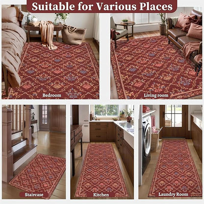 Tangsoo 2x6 Washable Runner Rug for Hallways, Non Slip Red Floral Carpet Runner, Soft Low Pile Floor Carpet Runner for Kitchen, Laundry, Bedroom, Bathroom, Living Room Home Decor