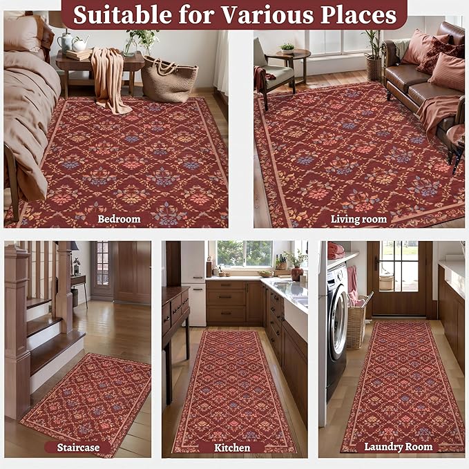 Tangsoo 2x3 Small Washable Entry Rug,Non Slip Red Floral Throw Area Rugs for Entryway,Front Door Mats Indoor Entrance Carpet for Kitchen Office Laundry, Soft Kids & Pets Friendly