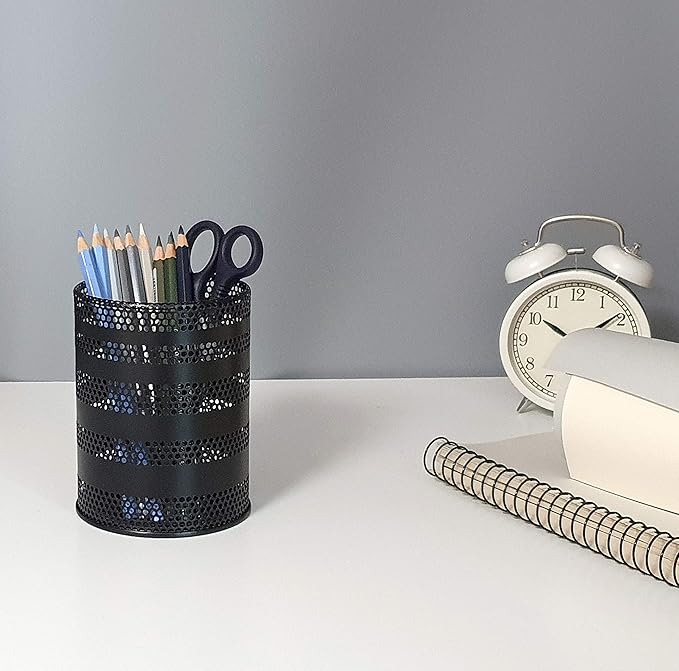 Metal Mesh Pen Pencil Cup Holder Stand Office Desk Organizer Stationery Caddy Makeup Brush Holder, Black (Large)