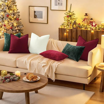 decorUhome Christmas Green Chenille Throw Pillow Covers 24x24 Set of 2 Thick Textured Slubby Couch Pillow Covers Farmhouse Accent Modern Neutral Decorative Pillow Cases for Bed Sofa Living Room