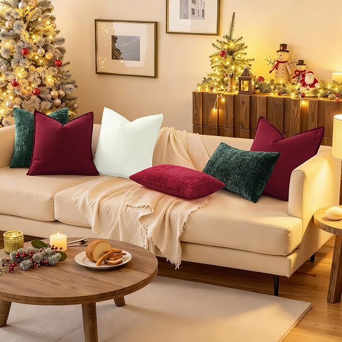 decorUhome Christmas Green Chenille Throw Pillow Covers 16x16 Set of 2 Thick Textured Slubby Couch Pillow Covers Farmhouse Accent Modern Neutral Decorative Pillow Cases for Bed Sofa Living Room