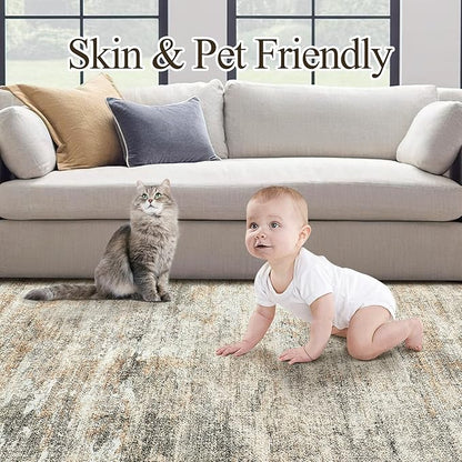 9x12 Area Rugs for Living Room, Non-Slip Machine Washable Vintage Rugs, Abstract Low Pile Lightweight Large Rug for Bedroom, Dining Room, Home Office Orange