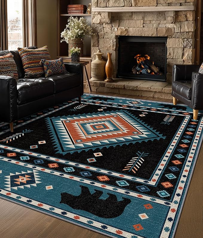 Native Amrican Rug 8x10 - Southwestern Bear Cabin Area Rugs for Living Room Bedroom, Rustic Boho Machine Washable | Non-Slip | Soft Large Carpets, Southwest Home Decor (Teal Orange Black)