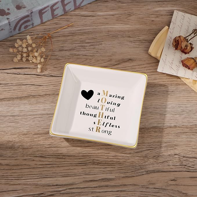 JoycuFF Gifts for Mom Christmas Ceramic Trinket Plate Tray Mother's Day Birthday Gifts for Best Mama from Daughter Son Ring Dish Jewelry