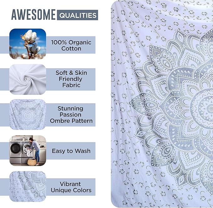 raajsee Glittering Silver Grey Tapestry Wall Hanging Mandala-Bohemian Room Decor-Indian Cotton Throw Hippie Tapestries -Boho Bedding White Golden Queen bedspread 82x92 inches-Meditation Yoga Mat Rugs