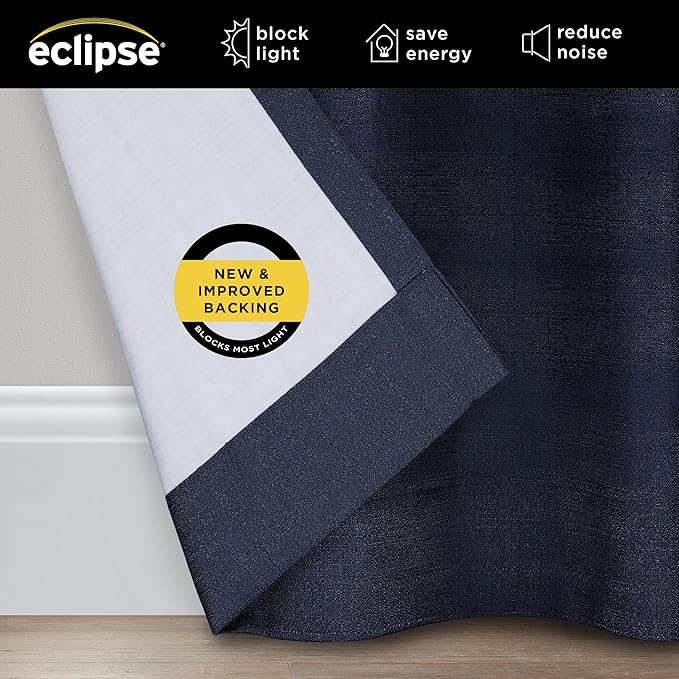 Eclipse Kendall Textured Blackout Thermal Rod Pocket Window Curtain, Insulating & Noise Reducing Curtains for Bedroom or Living Room (1 Panel), 84 in Long x 42 in Wide, Indigo
